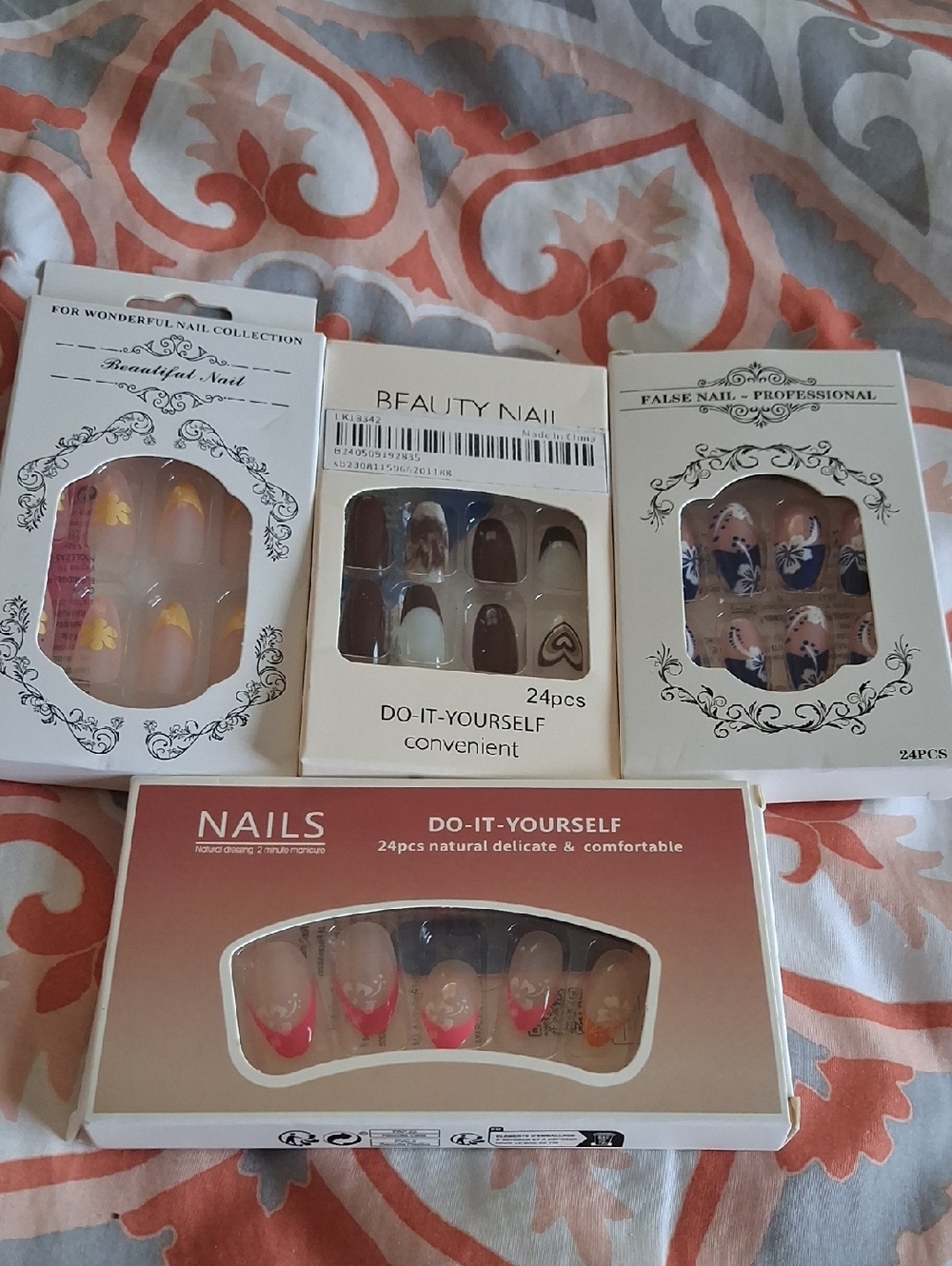 Assorted Press-On Nail Sets with Floral and French Tip Designs